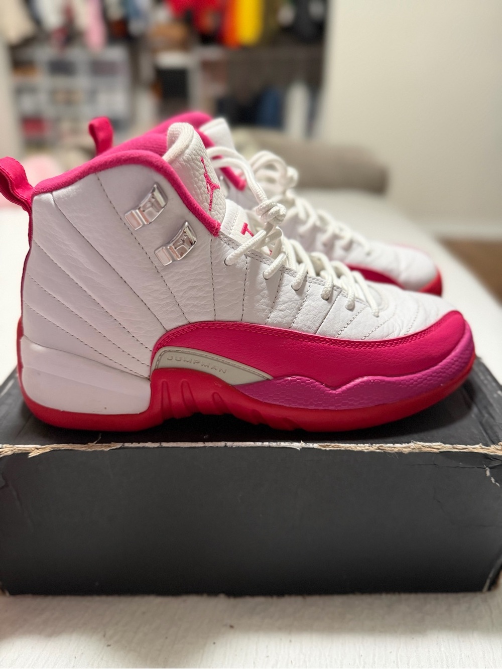 Air Jordan 12 ‘Vivid Pink’ Women's High-Top Sneakers in White & Pink - Picture 5 of 7